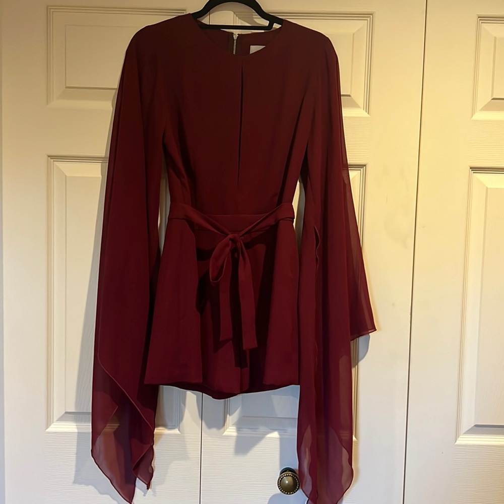 Lavish Alice Burgundy Long-Sleeve Jumpsuit with Tie Waist